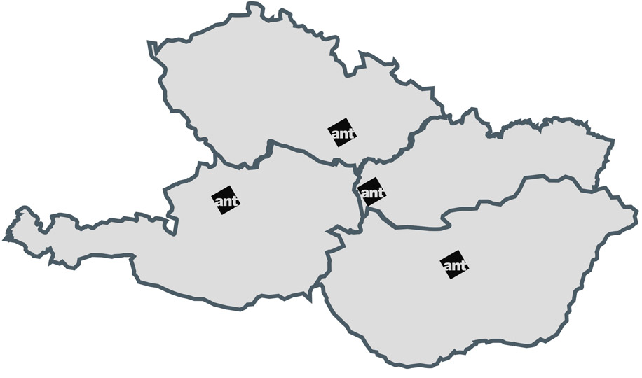 Obr.č.1 – Pôsobiská skupiny ant – Česká republika, Slovenská republika, Maďarsko, Rakúsko.