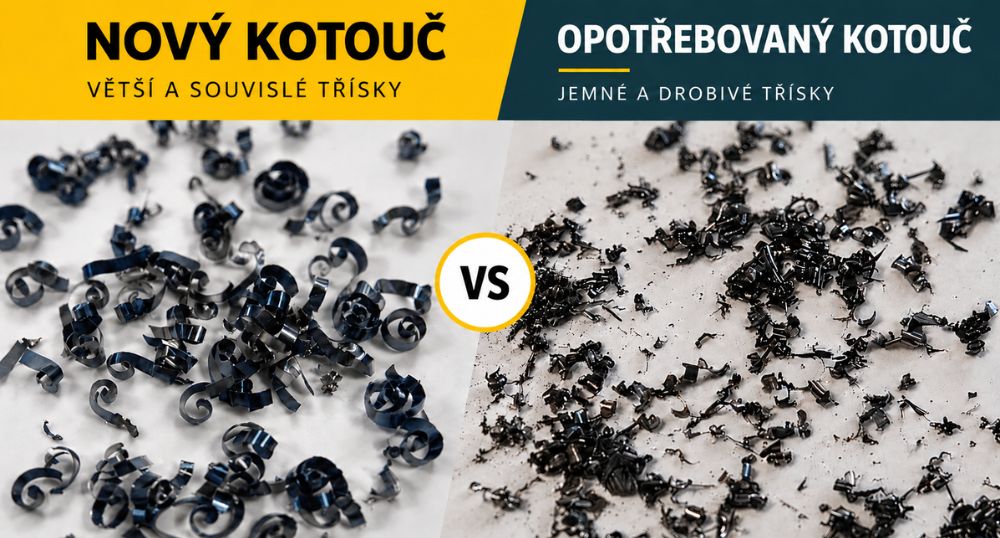 Porovnání třísek při použití nového a opotřebovaného řezného kotouče Exact Tools