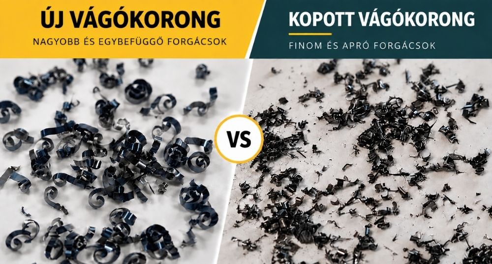 Az új és a kopott Exact Tools vágókoronggal keletkező forgácsok összehasonlítása